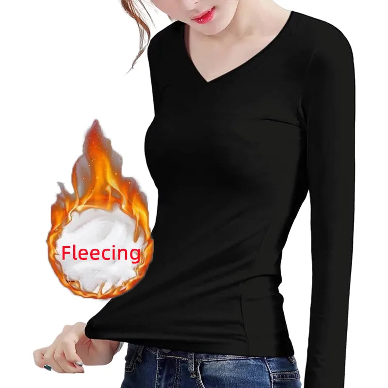 Winter Thermal Fleece Thin Velvet Heating Fiber T-Shirt