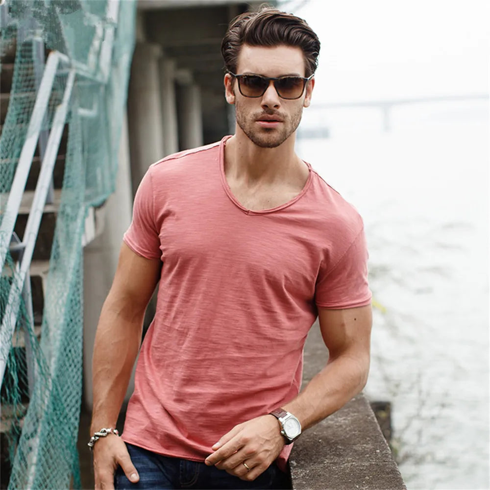 Fashion Trendy Men's 100% Cotton V-neck Slim Fit T-Shirts Tees