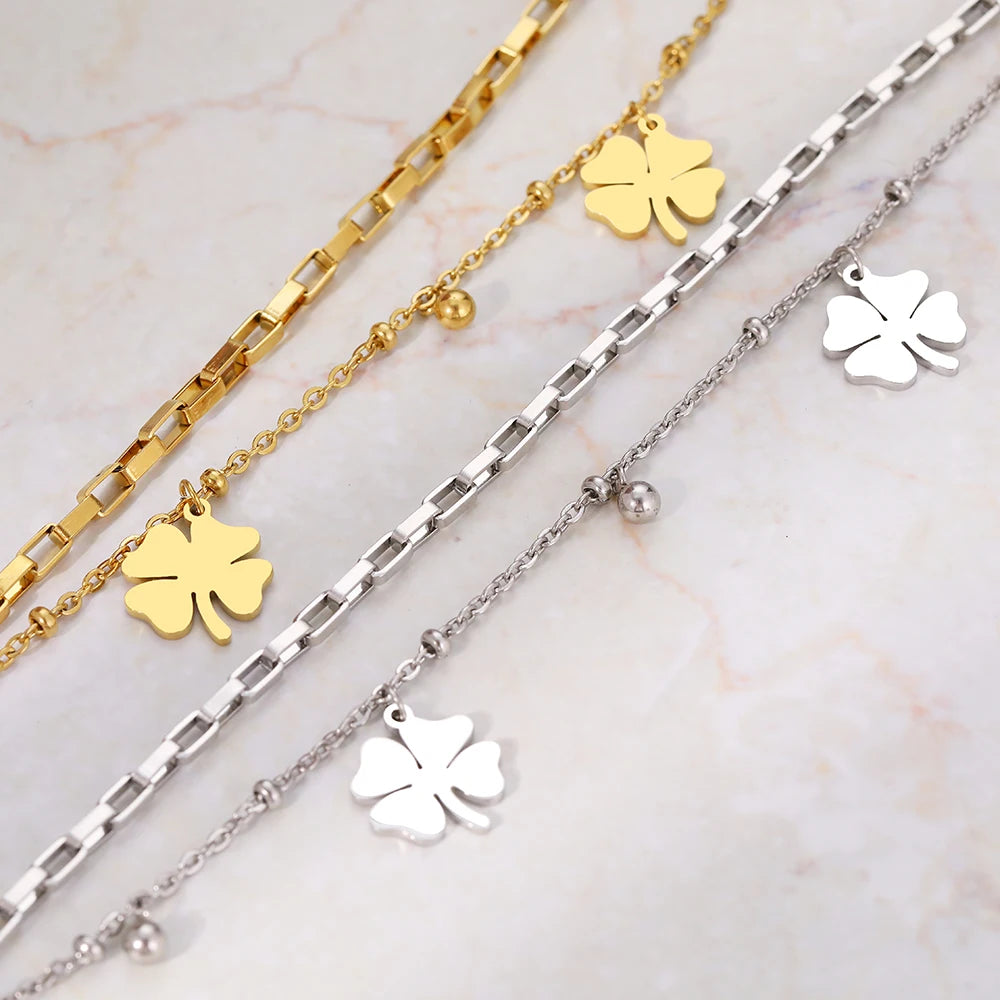 Exquisite Stainless Steel Bracelet with Four Leaf Clovers Pendant Beads