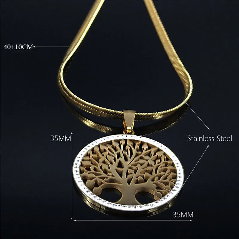 Exquisite Tree of Life Stainless Steel Crystal Pendant Necklace