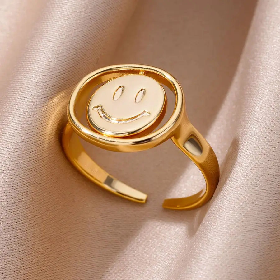 Stainless Steel Smile Face Fidget Spinner Rings for Women Anti Stress Anxiety Mood Ring