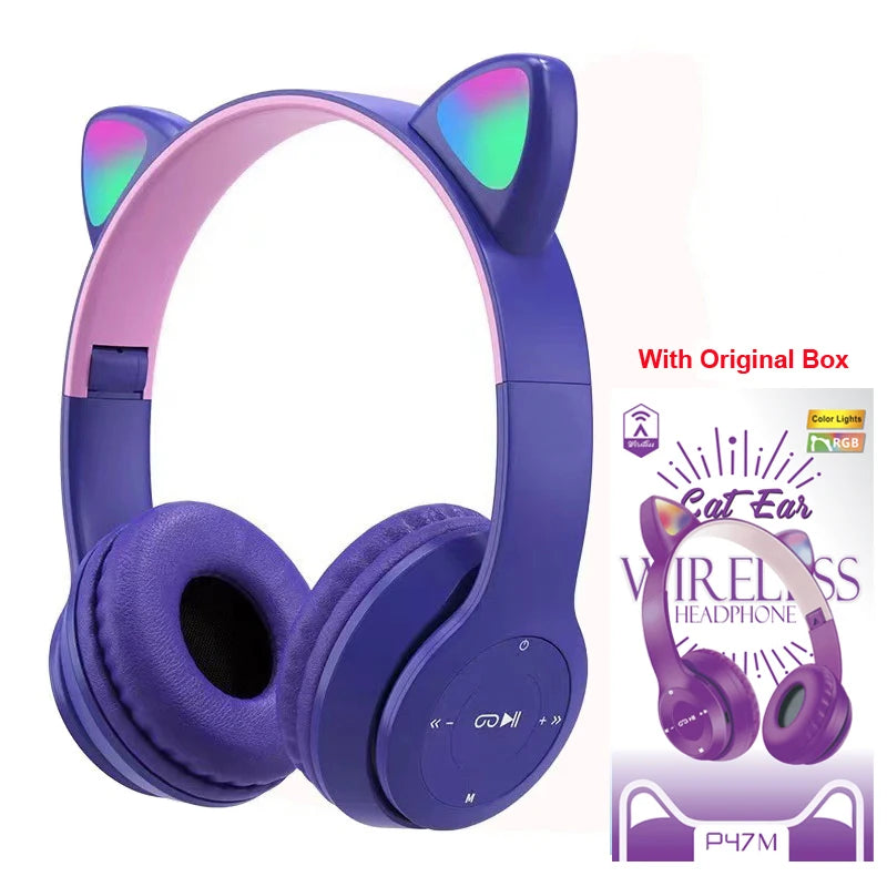 Cute Kids Sport On-ear Headphones with Mic Wireless Flash Light Bluetooth 5.0 HiFI Stereo Foldable Intelligent Noise Reduction
