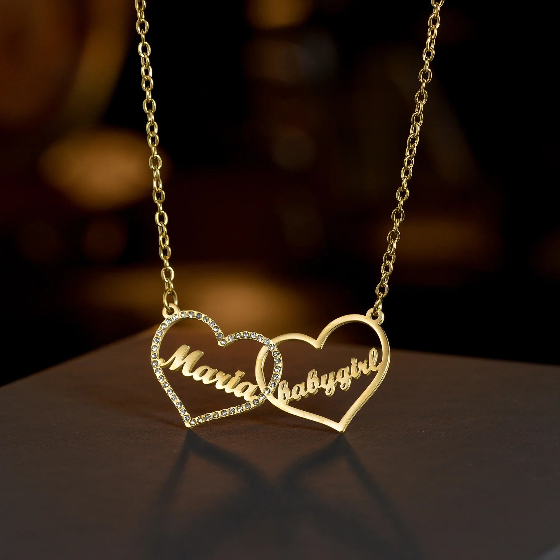 Exquisite 18K Gold Plated Personalized 2 Names Stone Heart Pendant Necklace