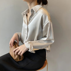 Elegant Vintage Satin Silk Long Sleeves Loose Shirt Blouse
