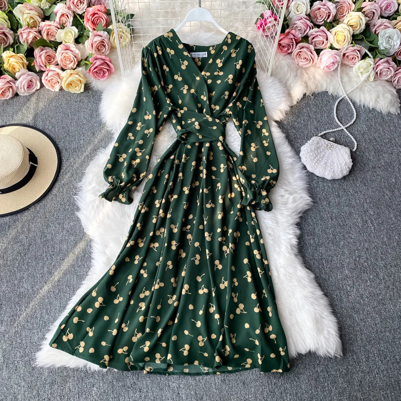 Elegant Women's Vintage Cherry Print Dress