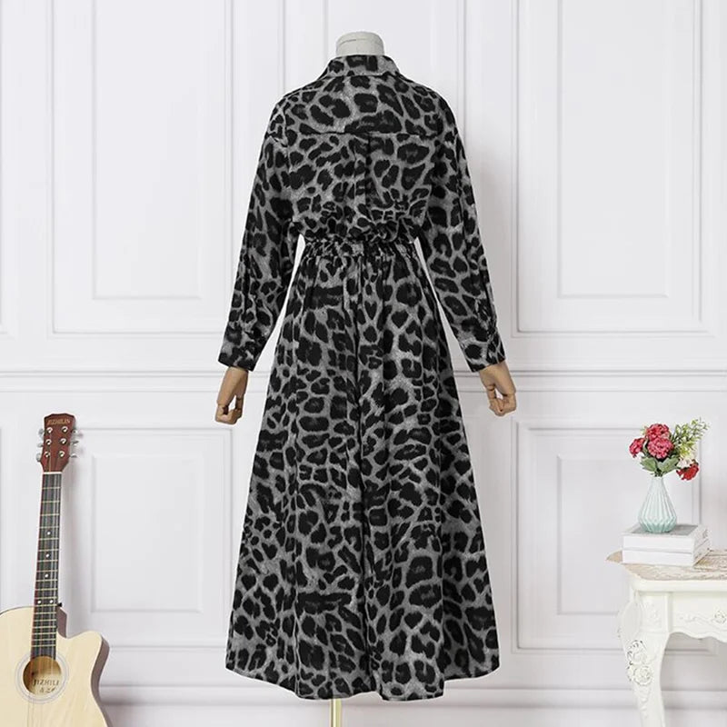 Gorgeous Luxury Leopard Print Unique Pullover Polo Neck High Waist Loose Swing Dress