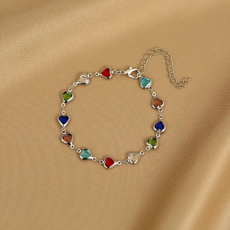 Vintage Gold Color Chain Bracelet with Colorful Crystal Heart Butterfly Charm