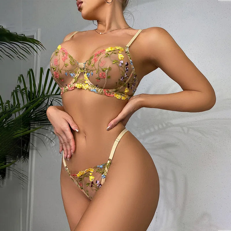 Hot Sexy 2-Piece Floral Embroidery Lace Transparency Bra Set