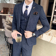 New Luxury Fashion Boutique Lattice Formal Business Mens Suit 3pcs Set Groom Wedding Dress Plaid Suit