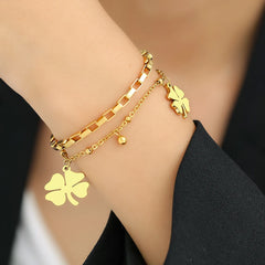 Exquisite Stainless Steel Bracelet with Four Leaf Clovers Pendant Beads