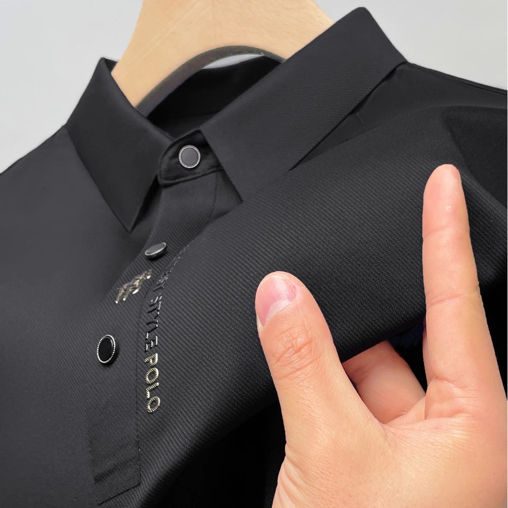 High Quality Luxury Me's Ice Silk Embroidery Anti-Wrinkle Elasticity Polo Shirts