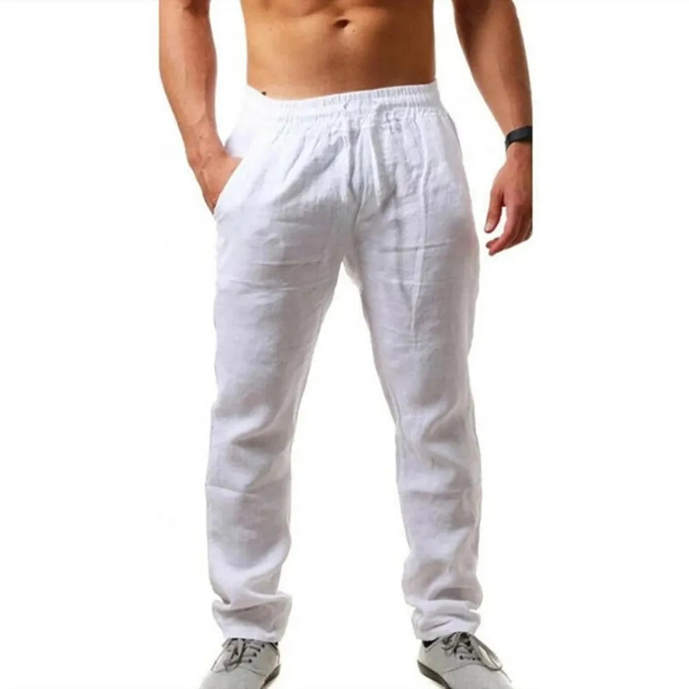 Trendy Men's Breathable Cotton Linen Trousers Elastic Waist Pants