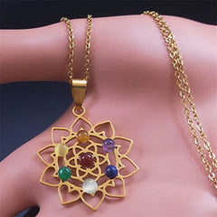 Gorgeous Stainless Steel Geometry 7 Chakra Metatron Heart Necklace Flower of Life Opal Stone Reiki Healing Pendant Necklace