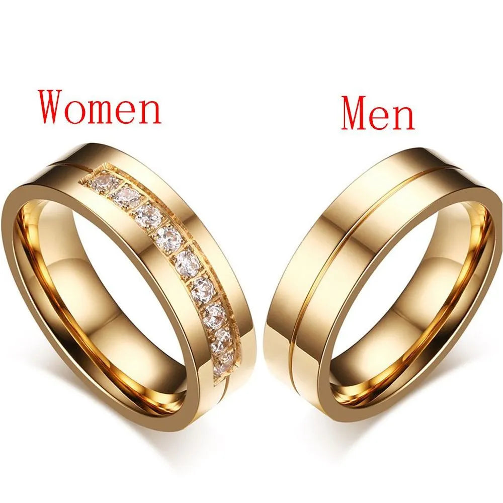 Brilliant 18K Gold Plated Cubic Zirconia Wedding Band Ring Stainless Steel