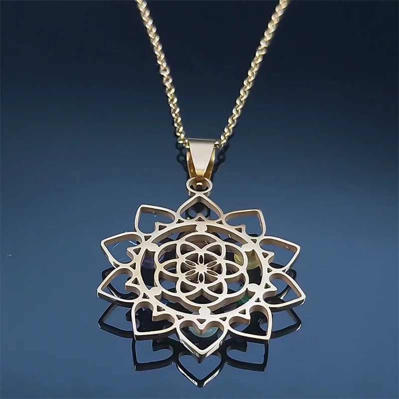 Gorgeous Stainless Steel Geometry 7 Chakra Metatron Heart Necklace Flower of Life Opal Stone Reiki Healing Pendant Necklace