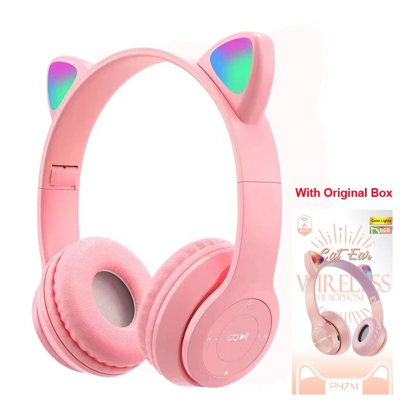 Cute Kids Sport On-ear Headphones with Mic Wireless Flash Light Bluetooth 5.0 HiFI Stereo Foldable Intelligent Noise Reduction
