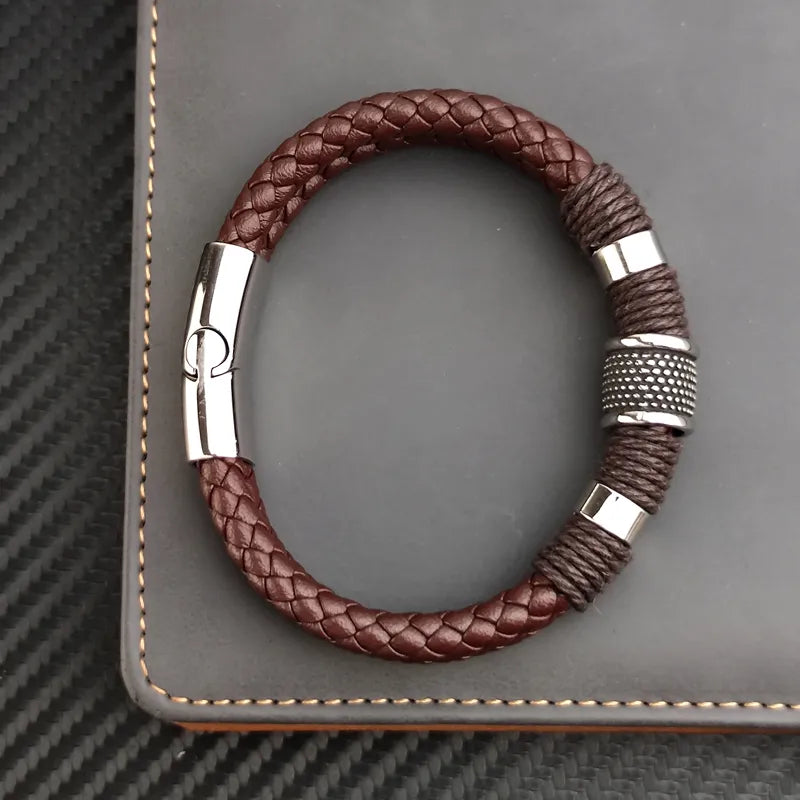 Luxury Vintage Multilayer Brown Genuine Leather Stainless Steel Men Bracelet