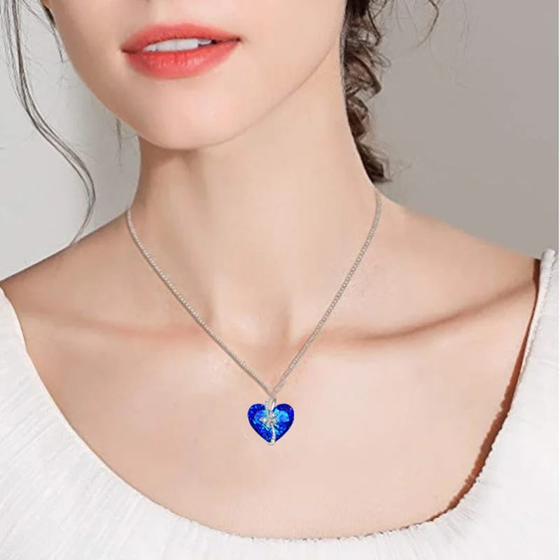 Exquisite Zirconia Heart Blue Crystal Butterfly Rose Pendant Necklace
