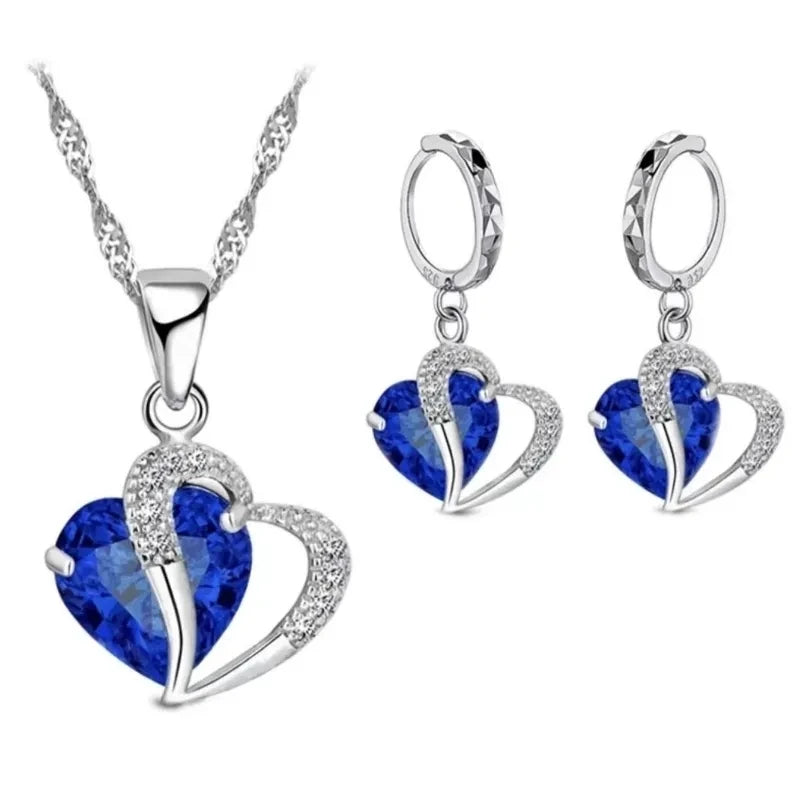 Exquisite Elegant 925 Sterling Silver Cubic Zircon Crystal Heart Pendant Necklace and Earrings Sets