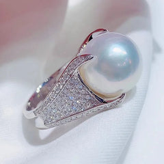 Exquisite Luxury Big Simulated Pearl Sparkling Zirconia Women Ring