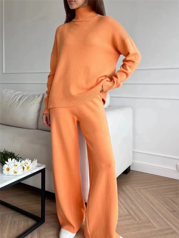 Luxury Two Pieces Outfits Women's Knitted Tracksuit Turtleneck Sweater and Pants Suits