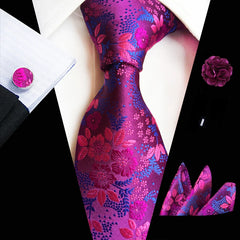 Luxury Floral Pink Necktie with Pocket Square and Cufflinks Set