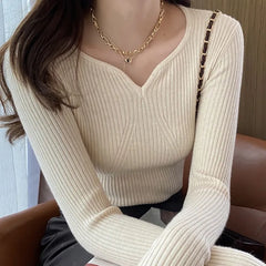 Gorgeous Elegant Women V-Neck Slim Long Sleeve Knitted Pullovers Sweaters