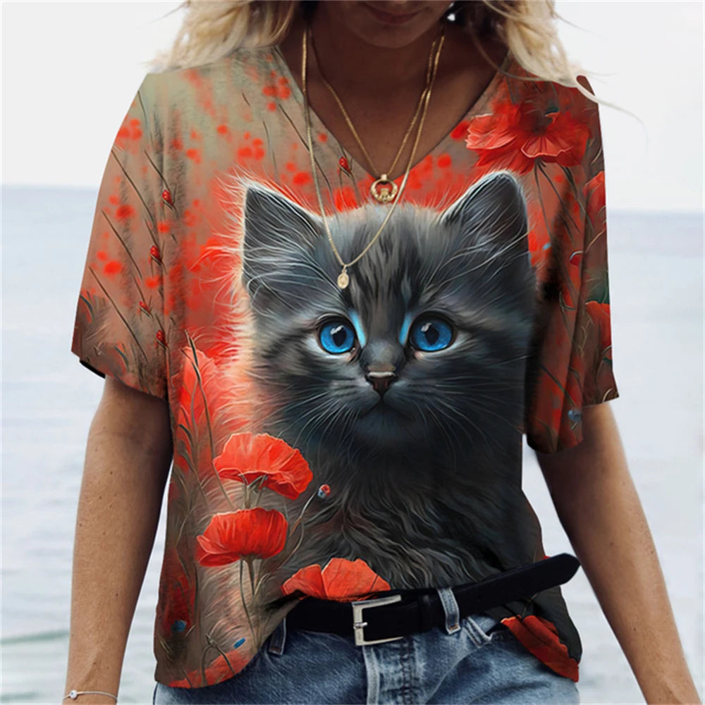 Fashion Cute 3D Cat Printed T-Shirt For Women Summer Casual O-neck Short Sleeve Tops