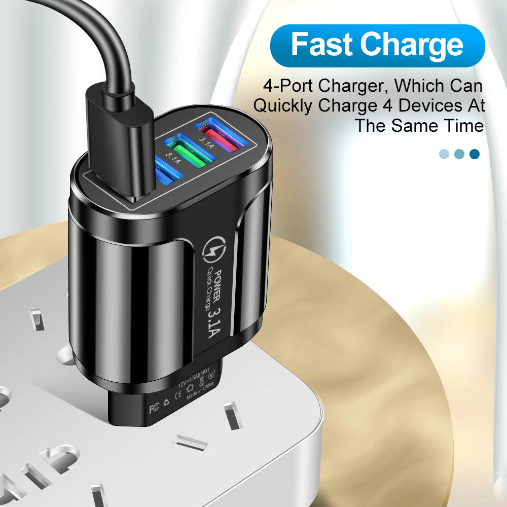 Fast Charging Adapter 3.1A 4 Ports USB  QC 3.0 For iPhone 13 12 Samsung Xiaomi Mobile