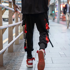 Men's Casual Cargo Pants Casual Hip Hop Hit Color Multiple Pockets Streetwear Ribbons Trousers