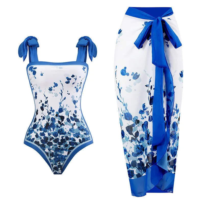 Exquisite Luxury Sexy Blue One-Shoulder Ruffled Print Floral Swimsuit Set Cover Up Single Piece Micro Monokini Sexy Swimwear