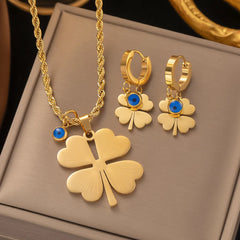 Exquite Stainless Steel Four-leaf Clover Earrings Necklace Sets
