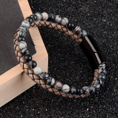 Luxury Stainless Steel Natural Stone Bracelets Genuine Leather Braided Bracelets