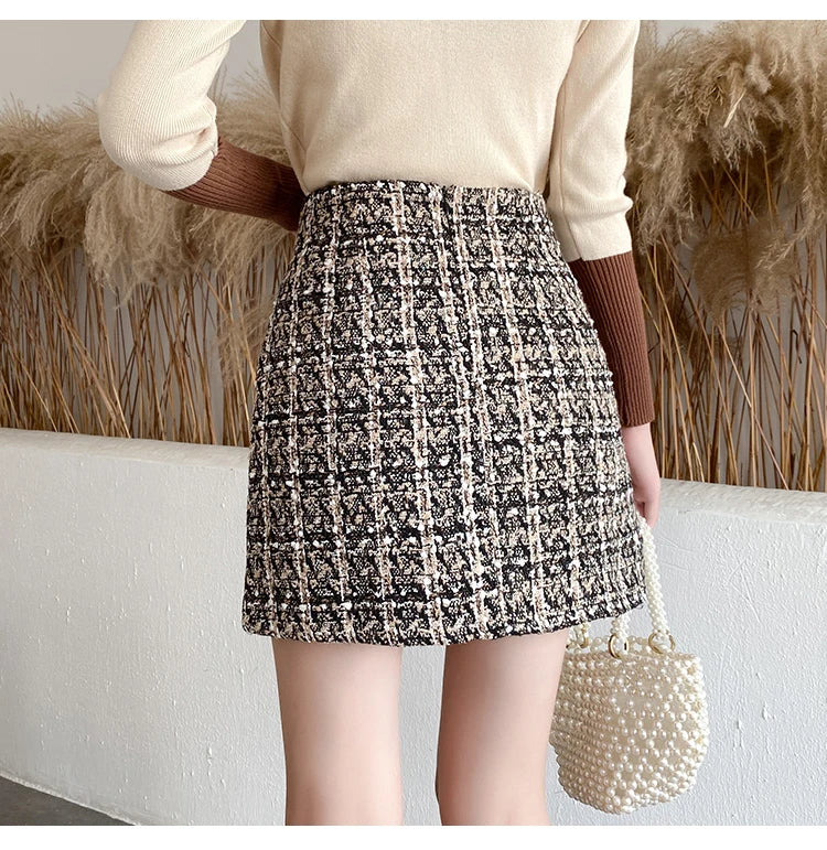 Luxury Fashion Wool Plaid Tweed Pearl Button Front Pocket Glitter Mini Skirt for Women and Girls