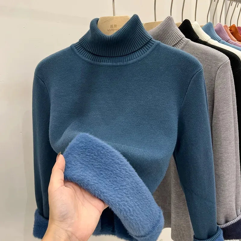 Luxury Women Thicken Velvet Turtleneck Knitted Pullover Jersey Knitwear Sweater