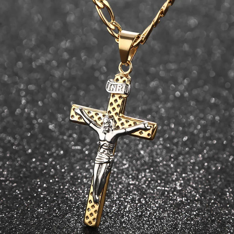Stainless Steel Catholic Jesus Christ on Cross Crucifix Pendant Necklace