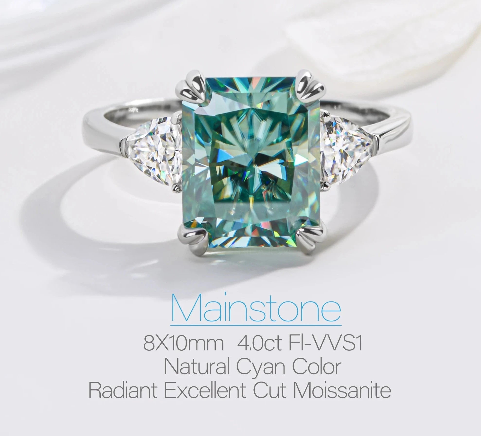 Luxury 4.0CT Radiant Cut Natural Cyan Moissanite Engagement Ring 18K Gold Plated GRA Certificate