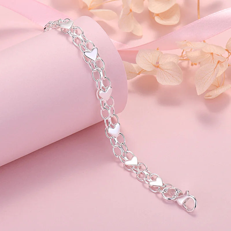 Luxury 925 Sterling Silver Hearts Bracelet for Women and Girls