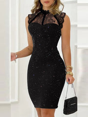 Gorgeous Beautiful Black Glitter Contrast Lace Evening Gown Dress