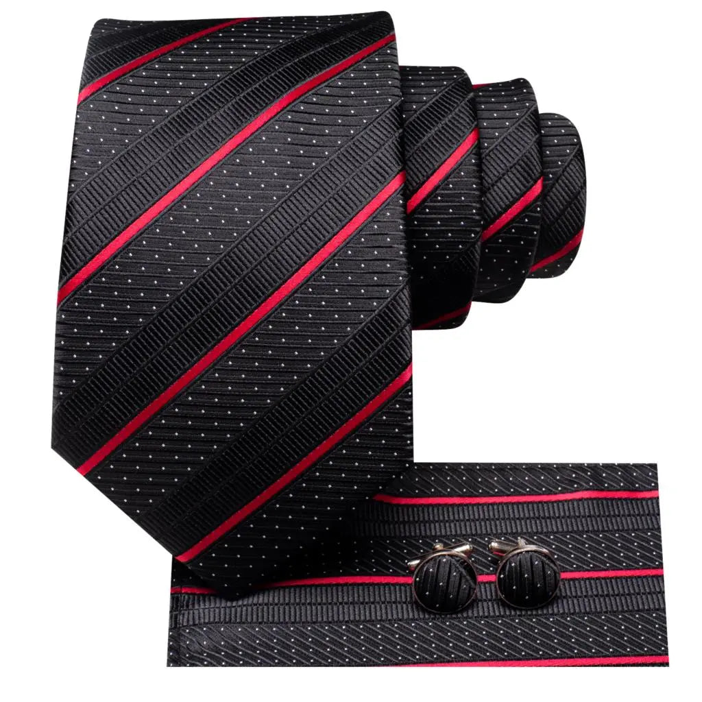 Luxury Hi-Tie 100% Silk Paisley Black Red Striped Necktie with Pocket Square and Cufflinks Set