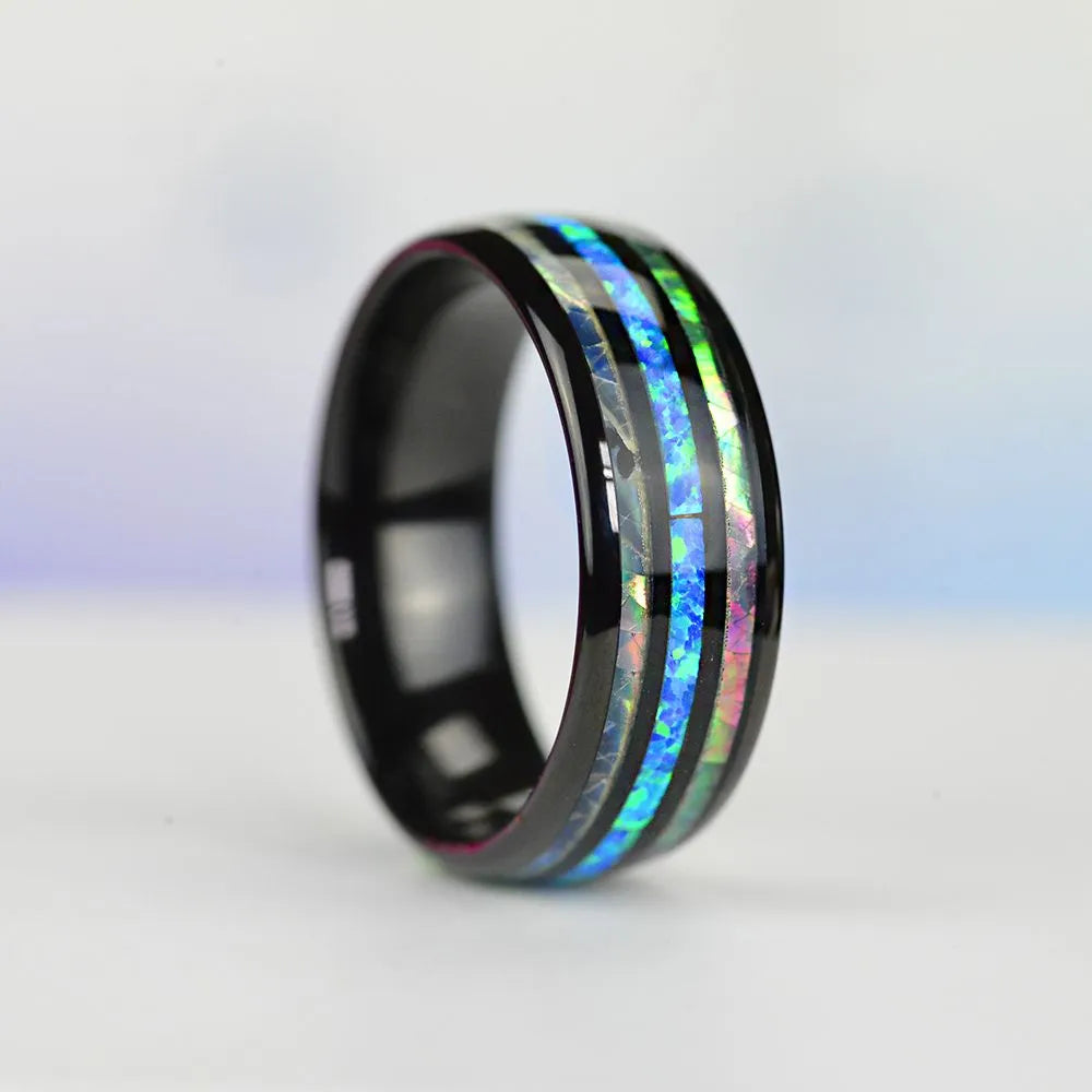 Gorgeous 8mm Titanium Colorful Abalone Shell and Blue Opal Inlaid Ring Men and Women