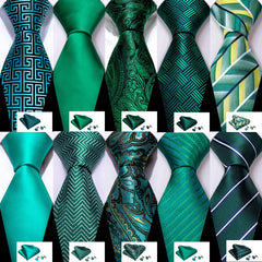 Barry.Wang Silk Paisley Tie Green Teal Blue Necktie with Pocket Square and Cufflinks Set