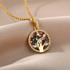 Exquisite High-Quality Stainless Steel Tree of Life Colorful Cubic Zirconia Pendants Necklaces