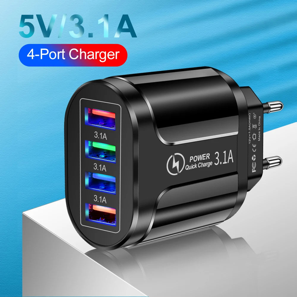 Fast Charging Adapter 3.1A 4 Ports USB  QC 3.0 For iPhone 13 12 Samsung Xiaomi Mobile