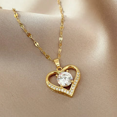 Elegant Sparkling CZ Heart Pendant Necklace | Stainless Steel