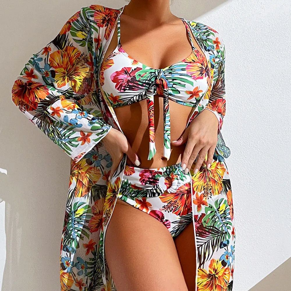 Hot Sexy High Waisted Bikini Three Pieces Floral Printed Swimsuit
