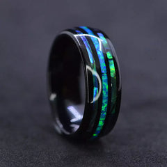 Gorgeous 8mm Titanium Colorful Abalone Shell and Blue Opal Inlaid Ring Men and Women
