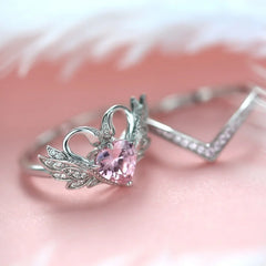 Exquisite Elegant Beautiful Angel Wings Heart Pink Zirconia Ring for Women and Girls