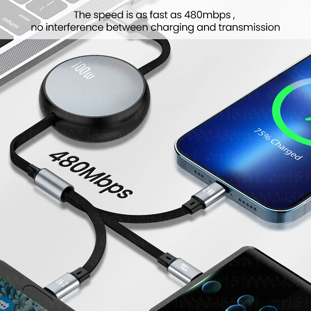 3-in-1 Retractable 6A 100W USB Cable: USB To 8 Pin/Type C/Micro Fast Charge for iPhone 14/13/12 Pro Max