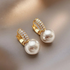 Elegant Simulated Pearl Drop Stud Earrings with sparkling CZ Stones